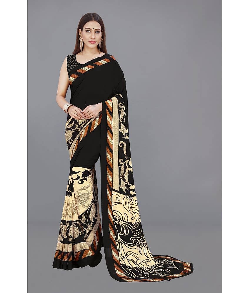 ANAND SAREES Georgette Printed Saree With Unstitched Blouse Piece ( Black )