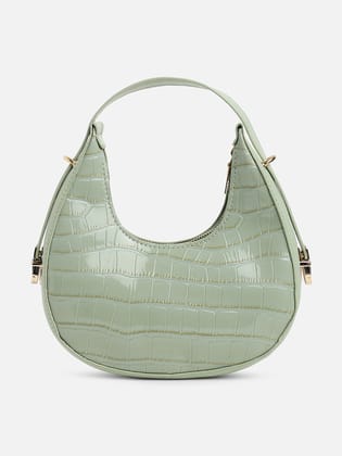 Green Textured Vegan Leather Handbag-Hobo Bag