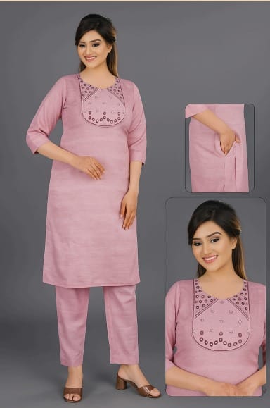 Women's Pink Cotton Kurta Set withEmbellished Neckline, 3/4 Sleeve, Casual Wear