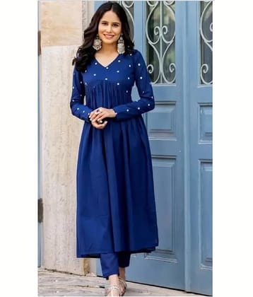 ETZIN Women Rayon Embroidered A-line Kurti With Pants ( Blue )