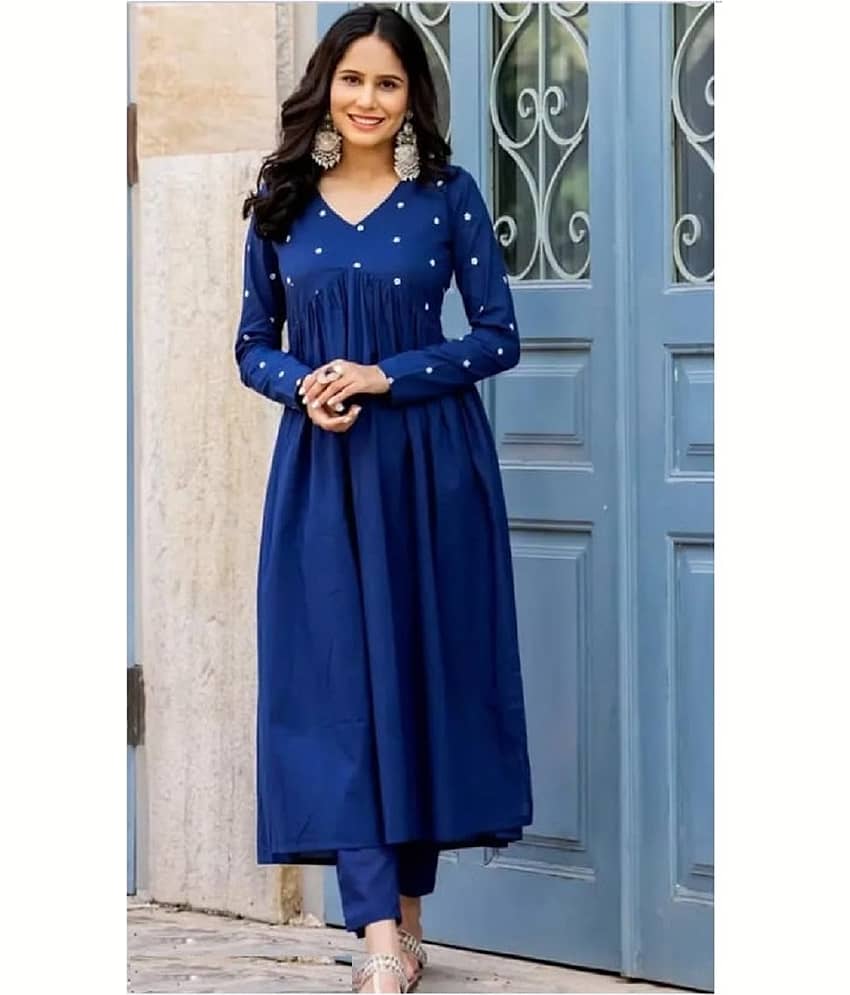 ETZIN Women Rayon Embroidered A-line Kurti With Pants ( Blue )