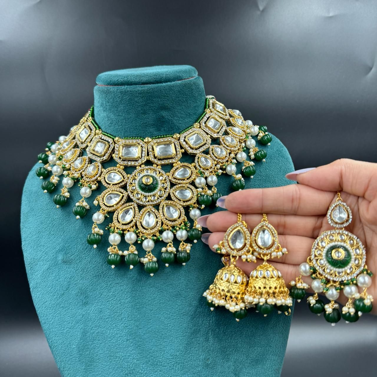 Premium Kundan Choker Necklace Set in Green