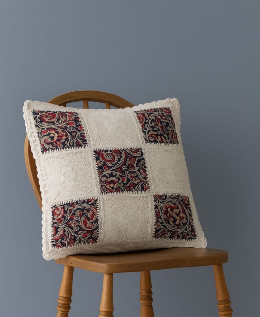Alangrahaa Handmade Crochet Patchwork Cushion Cover | Square Embroidered Cotton Pillow Cover with Floral Print & Lace Design | Decorative Sofa | Bed & Living Room D�cor 16x16 Inch
