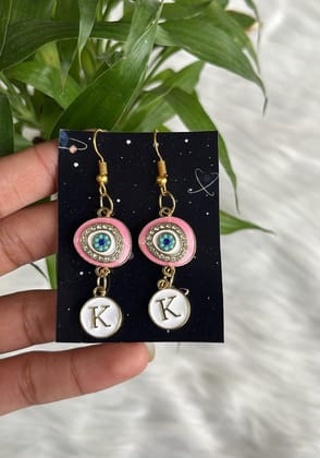 Pink Evil Eye Earrings With Initial