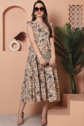 Brown Color Floral Printed Cotton Ethnic Dress For Women-S