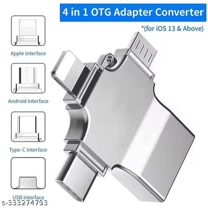 4 in 1 OTG Adapter Pendrive Connector with Light-ning, Type C, Micro USB, USB Ports OTG Connector Compatible with iOS 13 & Above, Android Devices for iPhone, iPad, Pendrive, Keyboard, Mouse