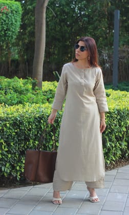 Cotton Flex Solid Beige Buttoned Kurta with Pants-XXS