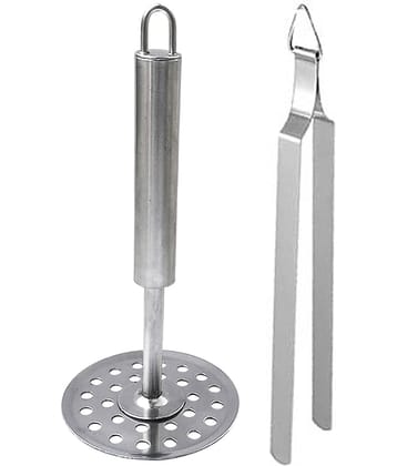 JISUN A1A Stainless Steel Potato Masher/Pav Bhaji Masher/Vegetable Masher And Tong Roti Sekne Chimta Silver Kitchen Tool Set  (Silver)