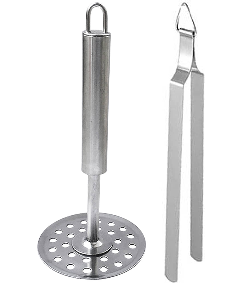 JISUN A1A Stainless Steel Potato Masher/Pav Bhaji Masher/Vegetable Masher And Tong Roti Sekne Chimta Silver Kitchen Tool Set  (Silver)
