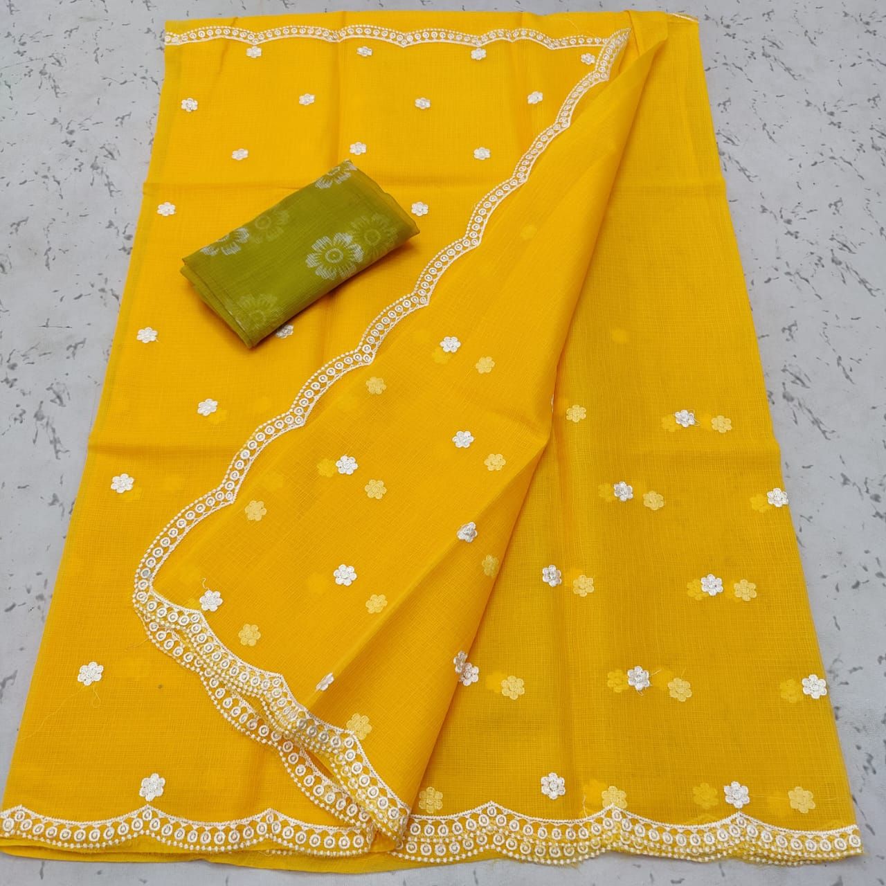 Kota Doria Sarees Embroidery Work Bright Yellow