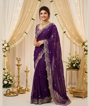 Rangtulika Ethnics Georgette Embroidered Regular Saree With Unstitched Blouse Piece ( Purple )