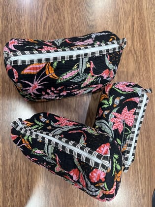 Quilted Travel Set with Floral Print, Black with Pink and Green Flowers, 3-Piece Set, Cosmetic Bags Quilted Travel Set with Floral Print, Black with Pink and Green Flowers, 3-Piece Set, Cosmetic Bags