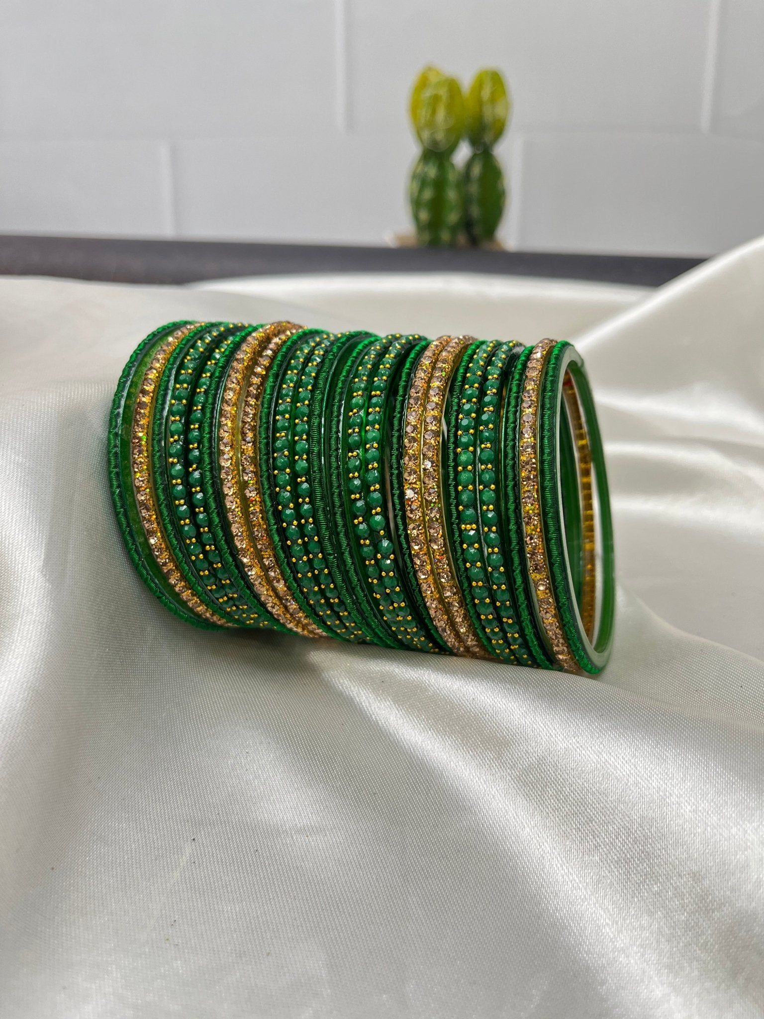 Green & Gold Glass and Stone Bangle Set 5049-2.4 / Both Hands