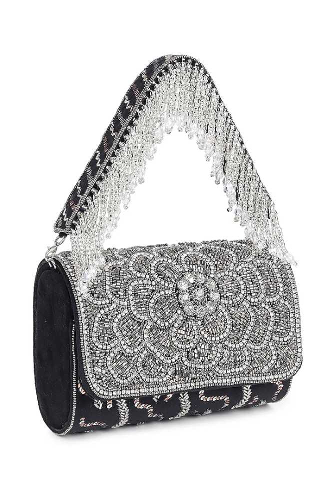 Black Suede Cutdana Work Flap Bag