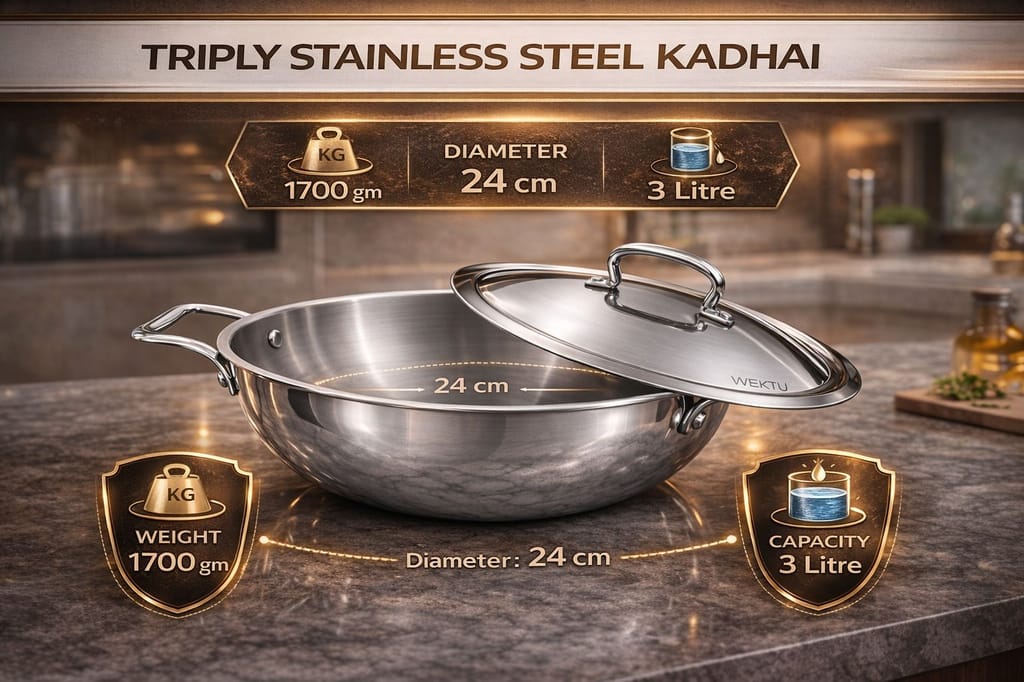 WEKTU Premium Tri-Ply Stainless Steel Kadhai with Lid - Induction & Gas Compatible, Mirror Finish - Cookware | Buy online on ZillyBuy