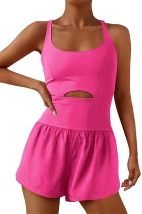 BACKLESS CUTOUT TANK ROMPER-XS / Pink