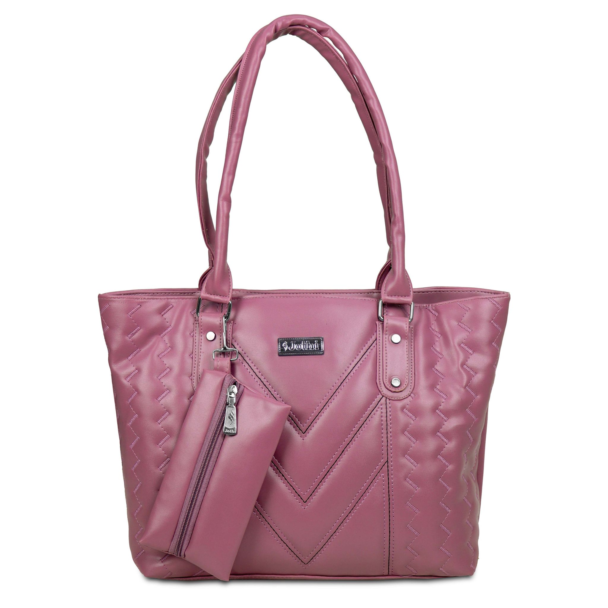 Jothi CrestVale Premium Womens Handbag | Multi-Compartment Synthetic Leather Tote | Stylish V-Pattern Finish | Water-Resistant | Soft Base | Pink