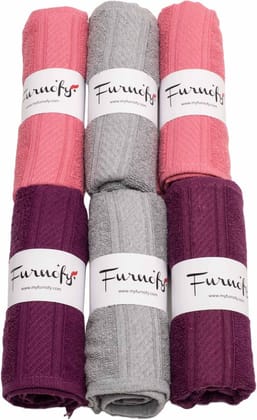 Furnofy Cotton 450 GSM Hand Towel Set Meganta, Pink, Grey (Pack Of 6)