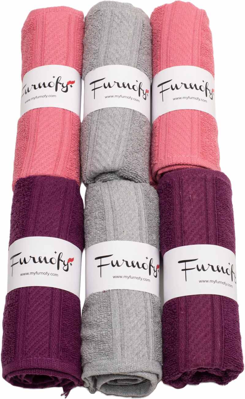 Furnofy Cotton 450 GSM Hand Towel Set Meganta, Pink, Grey (Pack Of 6)