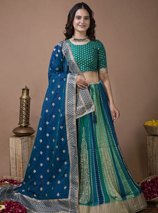 Green Banarasi Semi-Stitched Lehenga Choli