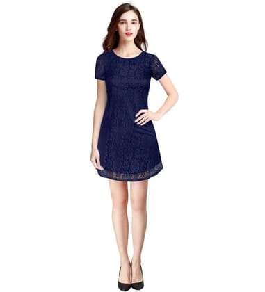 Women's Rasal Solid Round Neck Cap Sleeve Dresses (Blue, L)-PID56846