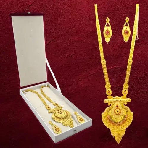 One-Gram Gold-Plated Long Haram Necklace Set with Earrings and Earring support Chain