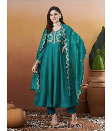 Mahek Fashion Women Silk Blend Embroidered Anarkali Kurti With Pants ( Mint Green )