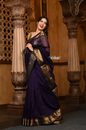 Parampara ~ Handloom Cotton Silk Saree with Golden Border in Violet