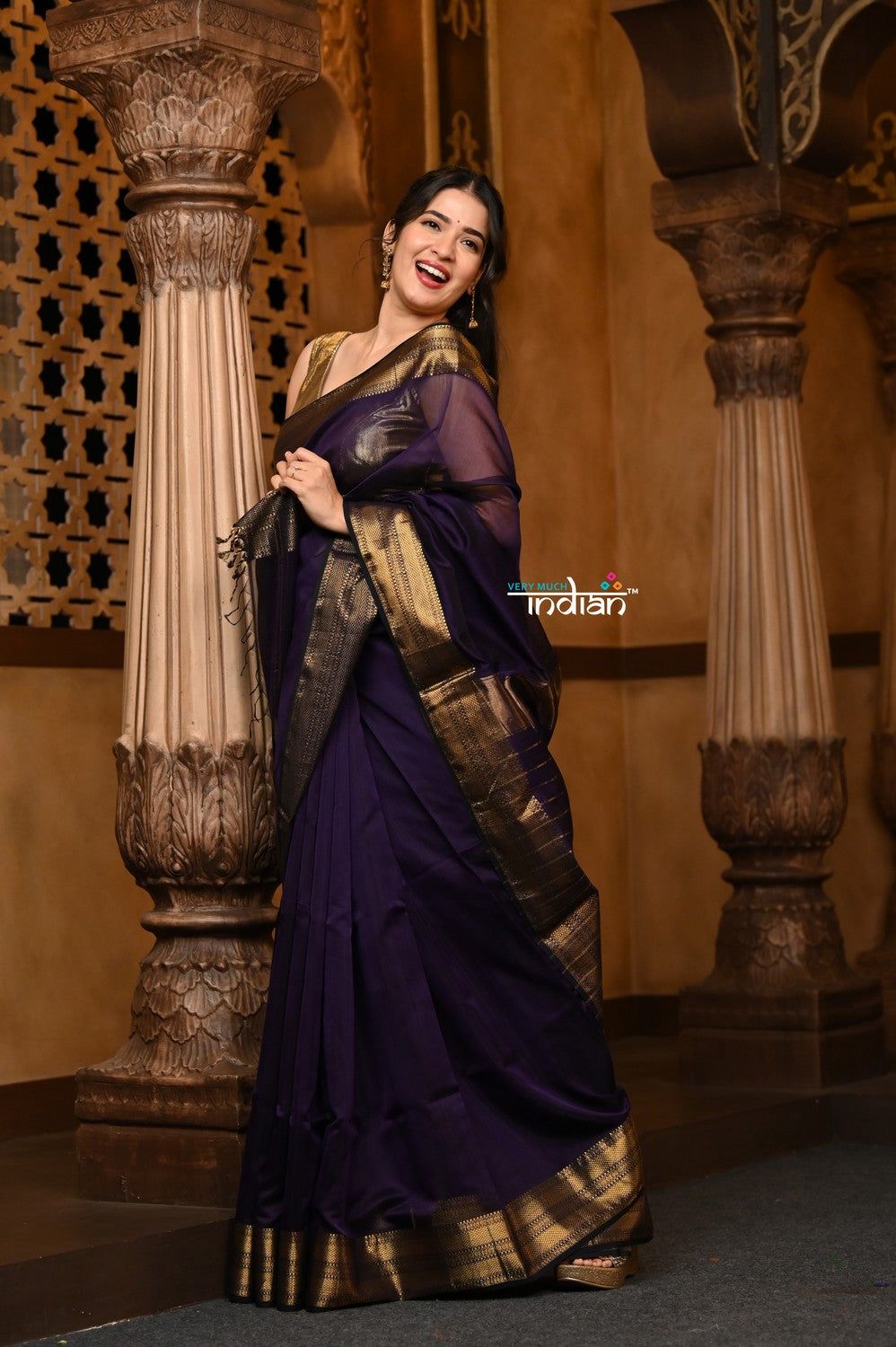 Parampara ~ Handloom Cotton Silk Saree with Golden Border in Violet