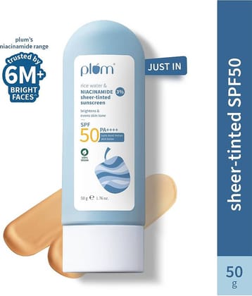 Plum Sunscreen - SPF 50 PA++++ Rice water & 3% Niacinamide Sheer-Tinted SPF 50 Sunscreen | Universal Tint (50 g)