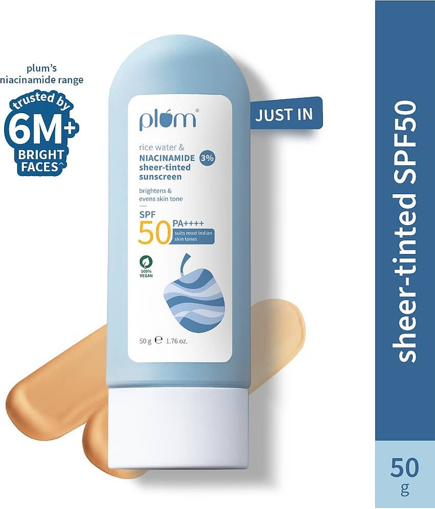 Plum Sunscreen - SPF 50 PA++++ Rice water & 3% Niacinamide Sheer-Tinted SPF 50 Sunscreen | Universal Tint (50 g)