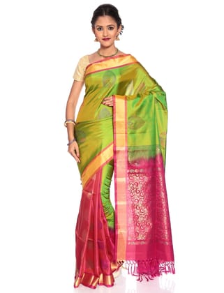Green-Pink Patli Pallu Saree - Kanchipuram Silk Saree | Patli Saree