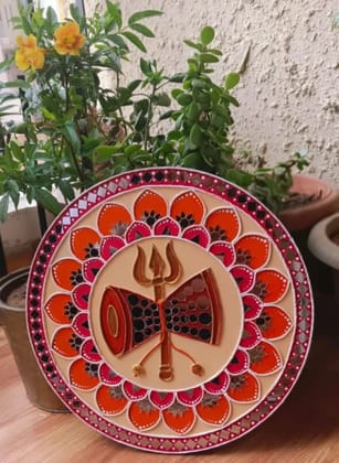 MANDALA  ART  WITH DAMRU AND TRISUL THEMED POOR RESIN DUST PROOF AND WATER PROOF ART PACK OF ONE  (12" inch)