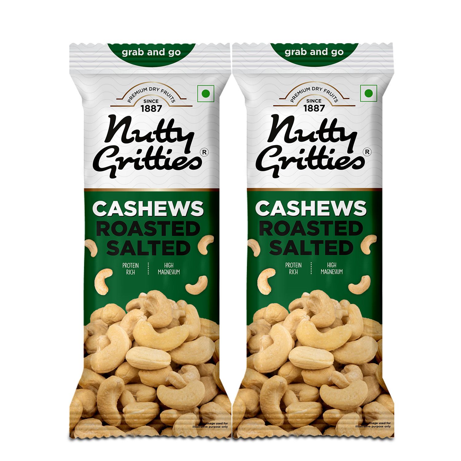 Nutty Gritties Grab and Go Premium Jumbo Size Cashews, Roasted & Lightly Salted | W240 | ⁠Zero Breakage, 40 gm - Pack of 2