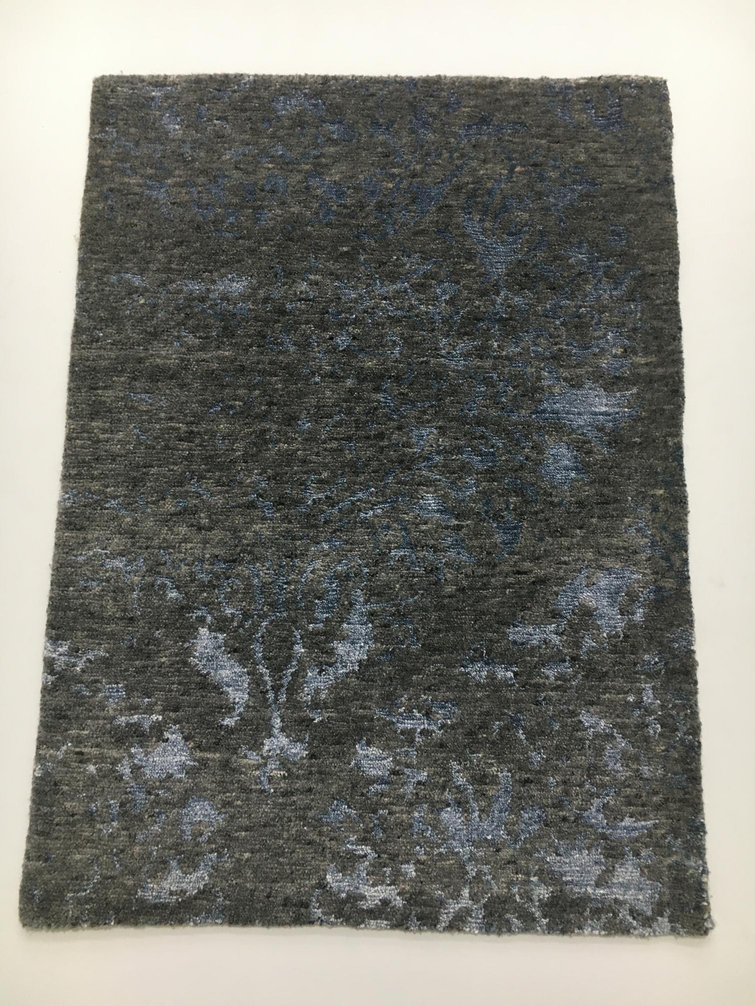 Hand-Knotted Wool & Bamboo Silk Rug 2x3 ft | Modern Geometric Design, Charcoal Gray