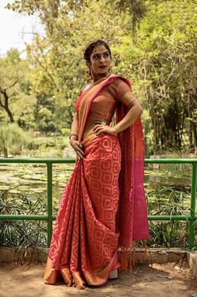 Awesome Orange Silk Weaving Patola with Zari border and Rich Pallu With Contrast Blouse