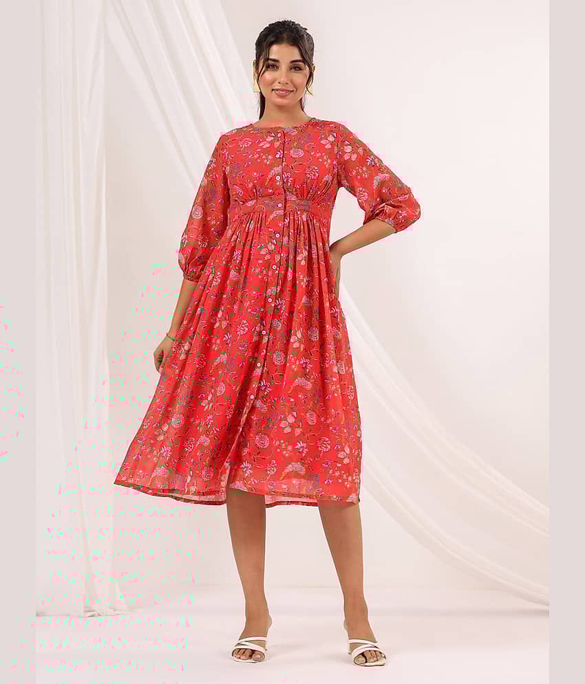 Janasya Women Georgette Printed Fit & Flare Dress ( Red )