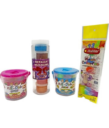 RABBIT'S Metallic Mud Slime Party Pack|+Kid Doh Neon & Glitter bucket|+Tempera Paints|6 Colorful Play Slime for Kids Boys Girls|Child Safe|Play Doh Slime for Kids|Combo includes Roller + Cutter|Age 3+
