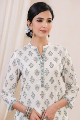 Rozana Riza Booti Straight Cotton Kurta-S / Teal / Green
