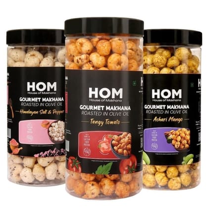 GOURMET MAKHANA Roasted in Olive Oil | Flavors Tangy Tomato, Himalayan Salt & Pepper and Achari Mango | Combo Of 3, 65g Each. - 195 gm