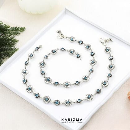 Unique floral style 925 Sterling Silver Women Blue CZ Oxidised Anklets Pair 10"