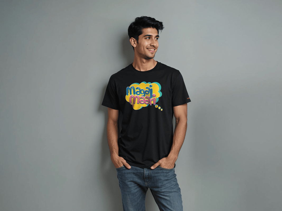 Taarak Mehta Ka Ooltah Chashmah| Regular Fit Black Front Printed T-Shirts (MAGAJ MAARI)