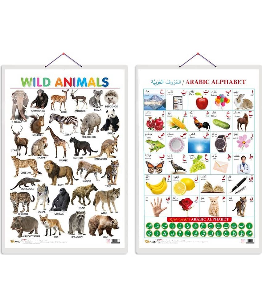 Set of 2 Wild Animals and Arabic Alphabet (Arabic) Early Learning Educational Charts for Kids | 20"X30" inch |Non-Tearable and Waterproof | Double Sided Laminated | Perfect for Homeschooling, Kindergarten and Nursery Students