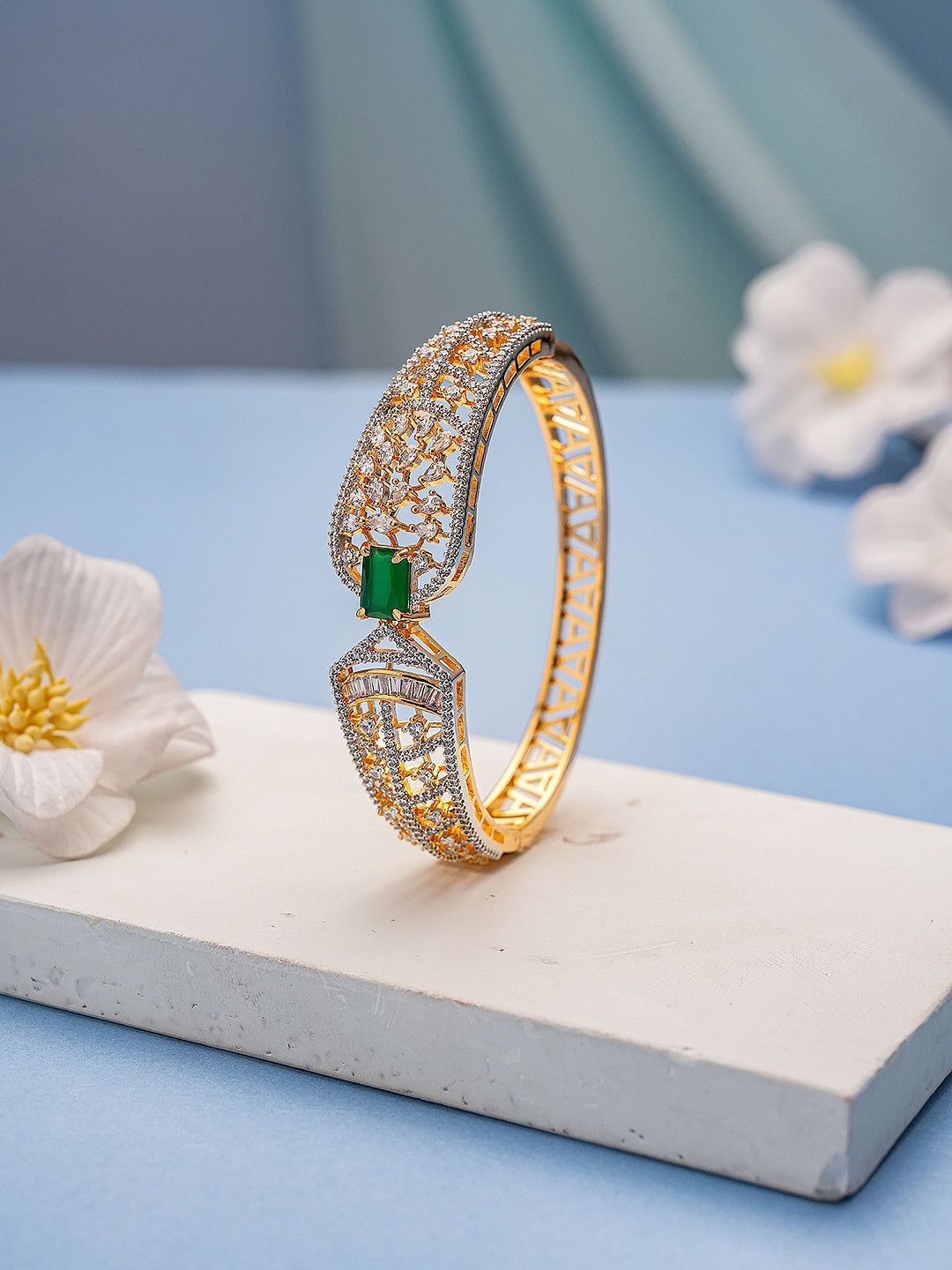 Gold Toned Green AD Zircon Studded Designer Kada Bracelet