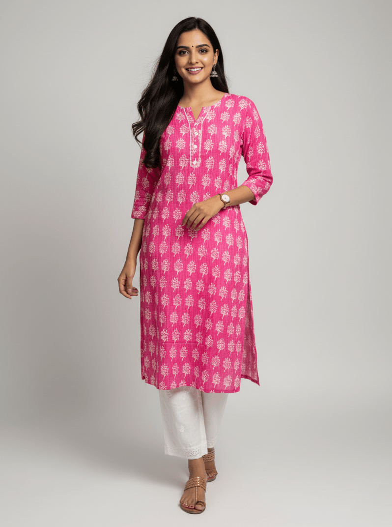 Rivaaj Ethnic Radha Pink Straight Kurta (M) | Pure Cotton V-Neck Design | Casual Day Wear | Soft Pastel Summer Top
