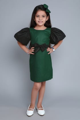 Color Block Puff Sleeves Aline Dress With Matching Bow Clip -Green & Black-1-2Y / Green