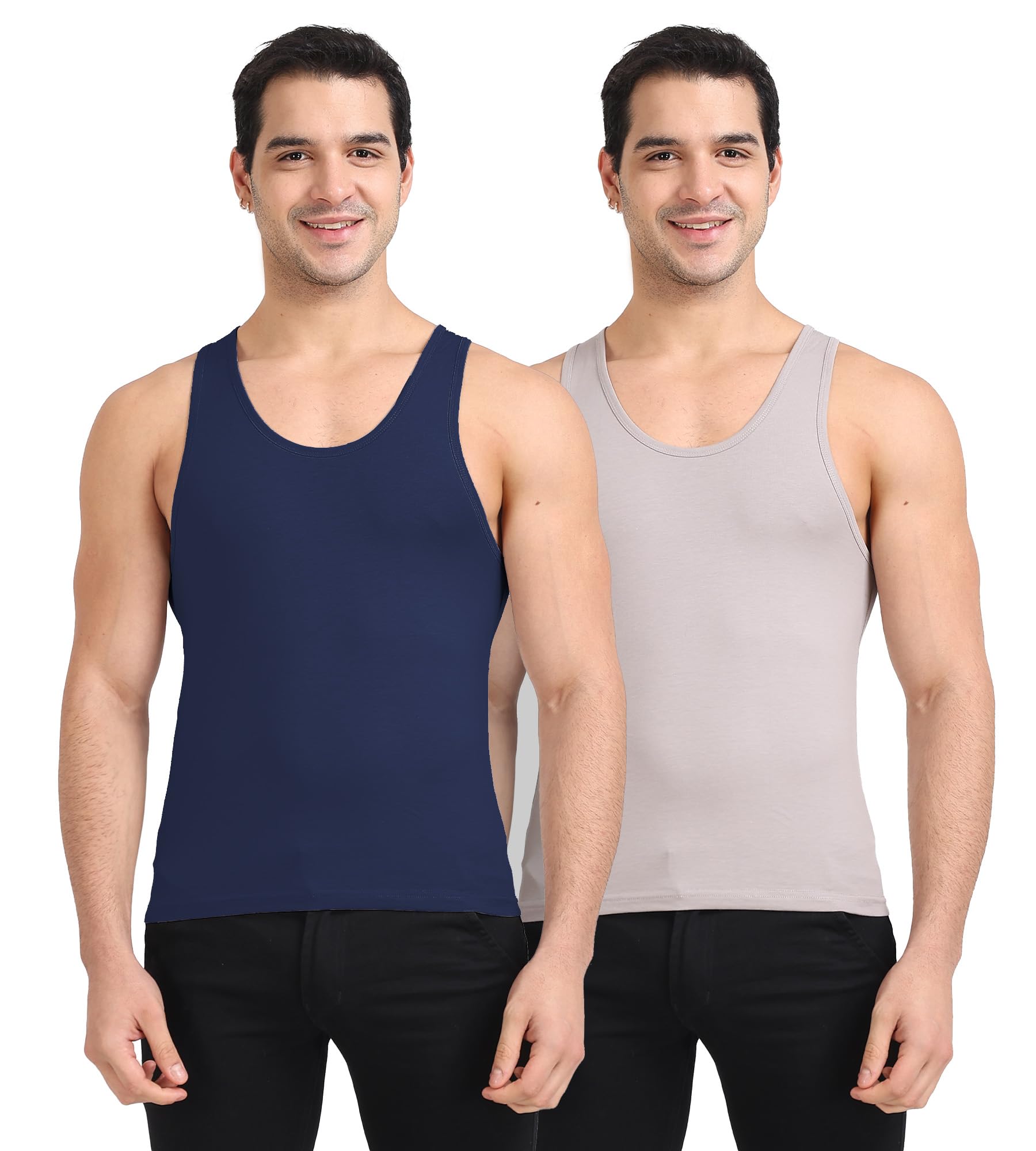 Freecultr Cotton Vest for Men Sleeveless Lightweight Solid Round Neck Comfort Vests Breathable & Comfortable Innerwear Sando for Man Regular Fit  Pack of 2-Light Grey,Navy