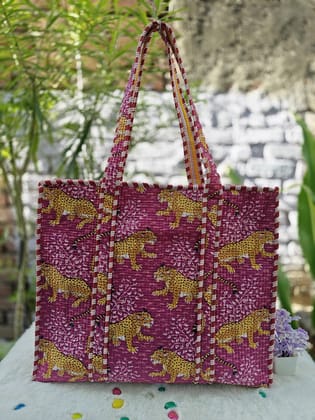 Handblock Printed Quilted Tote Bag with concealed zip ( 17x18x 6 inches)