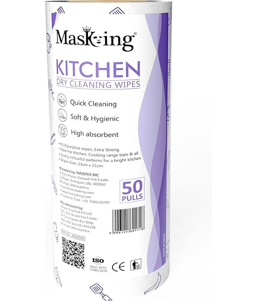 Masking Non-woven Reusable & Washable Multi Surface Cleaner Wipes Kitchen Dry Wipes 23x21cm, 50 Pulls 180 g