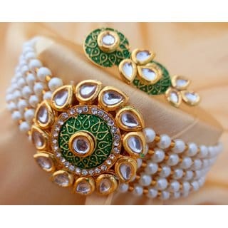 Green Meenakari Kundan Pearl Bandhai Choker Jewellery set
